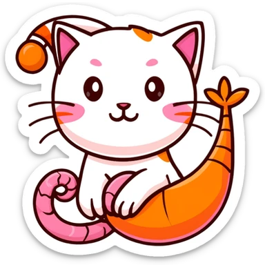 shrimp with a cat head, pink shrimp body with orange cat face sticker