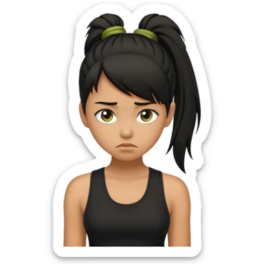 a tan girl with a black ponytail, black tank top, . Looking sad sticker