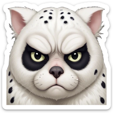 Cinematic Meme-Worthy Grumpy Dalmatian Portrait Emoji, Head held high but eyes filled with dramatic disappointment, smooth white fur speckled with striking black spots, deeply furrowed brow forming an unmistakable scowl, floppy ears slightly angled back in disapproval, piercing dark eyes glaring with pure exasperation, Simplified yet hilariously over-exaggerated features, highly detailed, glowing with an aura of supreme annoyance, high shine, exhausted yet judgmental, stylized with an almost regal pettiness, bright but brooding, soft glowing outline, capturing the essence of a companion that has seen it all and is thoroughly unimpressed, so meme-worthy it feels like it could instantly become the next viral sensation of grumpiness! sticker