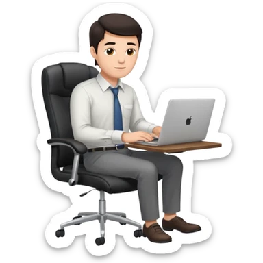Rich man sitting on a office chair, working at desk, looking to laptop in shirt, dark hair, he is german very beautiful looks like, full body view sticker