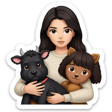 Kendall Jenner with long dark hair holding a brown teddy bear, a black schnauzer and a cow cat in her arms sticker