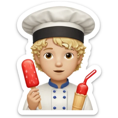 boy blonde curly hair, chef, eating ice pop sticker