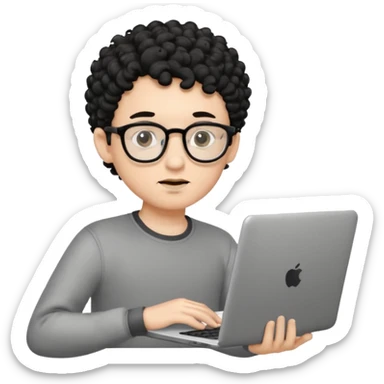 A young boy DEVELOPER WITH A laptop, black curly short hair, wearing glasses, a thin goatee, his skin is white sticker