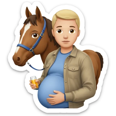 pregnant man in casual wear near horse sticker