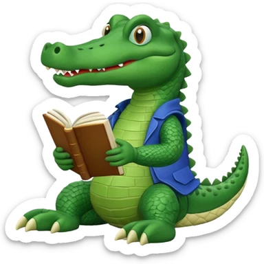 A claymation-style academic alligator with a book. The background is a solid white circle sticker