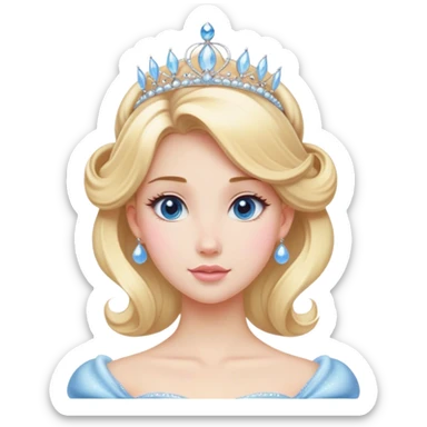 Cinematic Majestic Cinderella Portrait Emoji, rendered in a realistic, vector-style with clean, bold shapes. Depict Cinderella with a refined, noble expression, her fair skin luminous and her long blonde hair styled in an elegant updo, adorned with a delicate tiara. Her attire is a simple, sparkling ball gown that radiates soft pastel hues, glowing with a soft, majestic light and a subtle glowing outline, epitomizing classic royal beauty. sticker