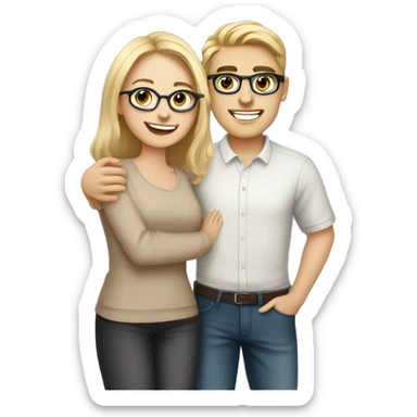 hugging couple, pretty young blonde woman with fair skin and handsome brunette wearing transparent glasses with light skin color sticker