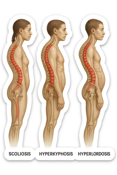 fai un immagine identica che riguarda 3 posture scorrette: scoliosi, ipercifosi e iperlordosi. falla iperrealistica anatomica in 4k con spina dorsale storta in evidenza su ogni figura sticker