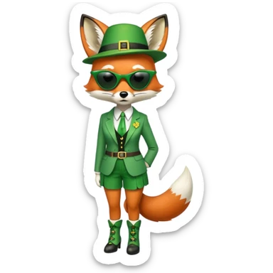 serious anthropomorphised female fox in stylish St. Patrick's Day outfit with sunglasses, looking sad and alone, full-body view sticker