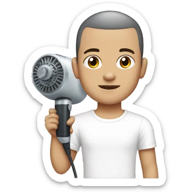 a Boy who is White with no Beard a buzzcut no Hairs at his sides in a White tshirt Holding a hairmachine sticker