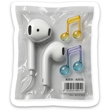 pair of white EarPods with three floating glass music notes in soft gradient colors, glossy and inflated sticker