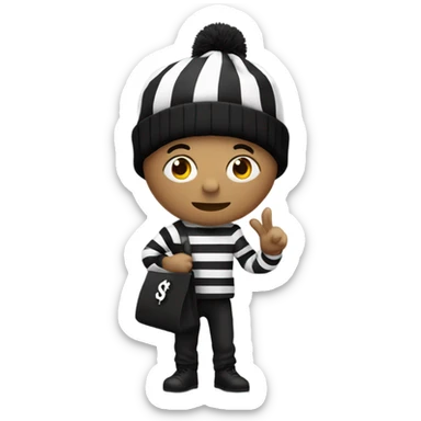 Guy wearing all black and white stripes and a black beanie holding a bag with the $ symbol on it sticker