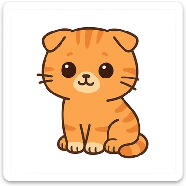 flat toon style kawaii orange scottish fold kitten sitting, dark round eyes, cute sticker