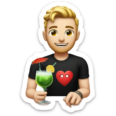 young bartender with pale white skin and tattoo on left the hand. he is wearing black t-shirt which has teeth-smile print in heart area. he is holding cocktail. sticker