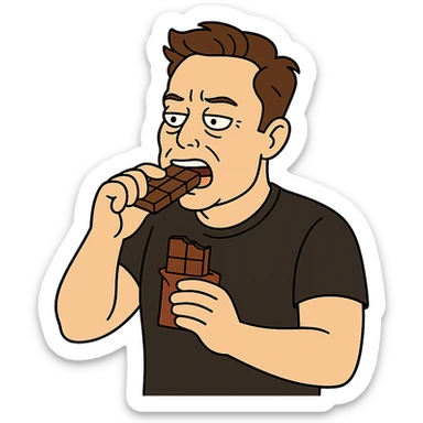 cartoon Elon Musk eating chocolate, flat toon style sticker