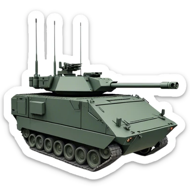 Stryker M1126 (2020) – Cinematic-realistic Stryker M1126 armored personnel carrier, its dark grey-green hull speeding down a war-torn street. The eight large tyres grip the cracked pavement as infantry hunker inside, the turret-mounted .50 cal machine gun scanning rooftops for threats under the eerie glow of distant fires. sticker