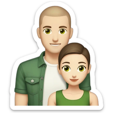 white skin Boyfriend with a light brown buzzcut and green eyes and medium length dark brown hair girlfriend with black eyes hugging sticker