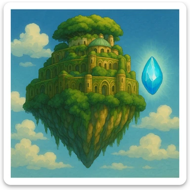 Add the princess's flying stone (levitation crystal) from 'Le Château dans le Ciel' to the scene, glowing and floating near Laputa, in the same Ghibli cartoon style. Do not include the princess. sticker