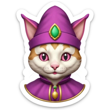court jester cat medieval, single poker card joker clearly visible, pink, face only, round badge,  court jester cap sticker