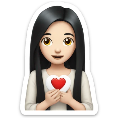 Pale girl with long black hair holding heart in her hands  sticker