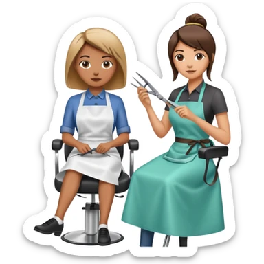 woman getting a haircut from a female hairstylist, client sitting in chair with apron, hairstylist standing behind holding scissors sticker