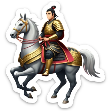 An icon representing an adventure game, inspired by feudal Japan. The design features a disciplined samurai riding a noble warhorse, its armor adorned with intricate patterns. A backdrop of cherry blossoms and a setting sun over a distant pagoda conveys a sense of honor, tradition, and battle-readiness. Transparent background. sticker