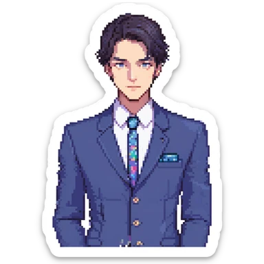 Flat pixel art, focused and confident male strategist, fair skin, short sleek dark hair, intense sharp eyes, wearing a deep indigo suit jacket over a crisp white shirt, holding a futuristic holographic blueprint in one hand, other hand thoughtfully touching chin, waist-up, front-facing sticker