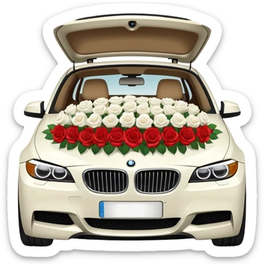 BMW car with trunk full of white roses, emoji style sticker