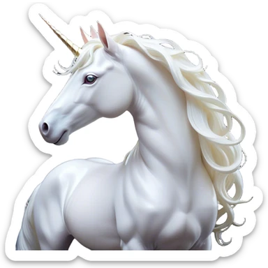 Cinematic Noble White Unicorn Portrait Emoji, Poised and regal, with a slender, ethereal form draped in a pristine white color, a flowing mane and tail, and a glistening, spiraled horn that radiates pure light, Simplified yet sharp and sophisticated features, highly detailed, glowing with a soft, iridescent luminescence, high shine, intelligent and transcendent, stylized with an air of mythical enchantment, focused and serene, soft glowing outline, capturing the essence of a watchful and confident white unicorn that appears ready to prance out of the screen with magical grace! sticker
