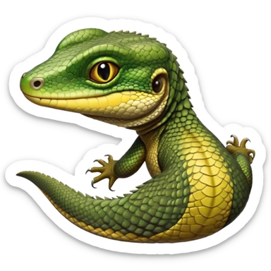 cinematic-realistic-cute-monitor-lizard-portrait-emoji,-head-tilted-playfully-and-inquisitively,-featuring-a-compact,-agile-body-with-finely-detailed,-glossy-scales-in-earthy-olive-hues-and-a-distinct,-alert-face-with-bright,-curious-eyes, black , yellow spotted and green band  scales sticker