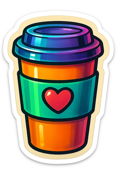 retro sticker-style image of a to-go coffee cup with a heart or star accent on the sleeve, bold outlines, juicy colors, expressive shadows and highlights sticker