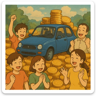 ghibli style illustration of a car surrounded by coins and happy people, symbolizing profitable vehicle financing sticker