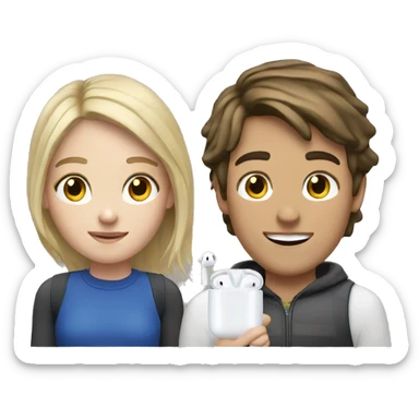 Blonde girl and brunette boy sharing AirPods  sticker