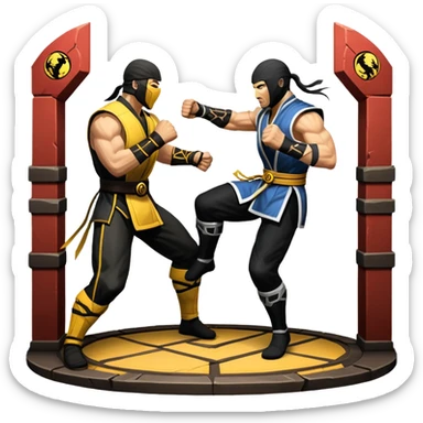 An icon showing two fighters in combat poses, inspired by Mortal Kombat. One character delivers a powerful kick, while the other blocks. The background features an iconic arena from the game with life bars at the top, symbolizing intense battles. Transparent background. sticker