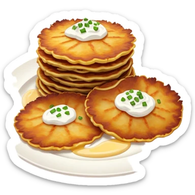 Cinematic Realistic Placki Ziemniaczane Dish Emoji, depicted as crispy potato pancakes served with sour cream rendered with vivid textures and warm, appetizing lighting. sticker
