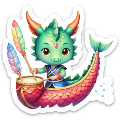 A chibi girl dressed as a dragon boat drummer, holding soft pastel drumsticks, standing in a fluffy dragon boat, colorful festival ribbons flying, sparkles and cute mini fish swimming below, soft pastel colors, watercolor texture, transparent background sticker