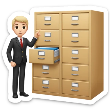 A person in business attire pointing to a tall filing cabinet, indicating document organization. sticker