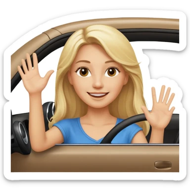blonde long hair woman driving car. one hand up Happy face confidence sticker