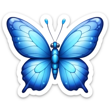 Cinematic Realistic Cute Blue Butterfly Portrait Emoji, Head tilted playfully and inquisitively, featuring beautifully patterned sapphire wings with intricate venation and a charming, petite body with round, sparkling eyes full of gentle curiosity, rendered with lifelike detail and warm natural highlights, high shine, affectionate and spirited, styled with a touch of whimsical garden magic, soft glowing outline, capturing the essence of a mischievous yet lovable blue butterfly that seems ready to flutter playfully into your arms! sticker