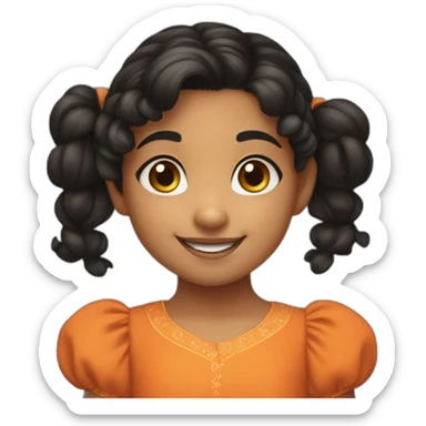 smiling and pointing 3 years old indian girl with black curly hair in pigtails wearing a orange dress sticker