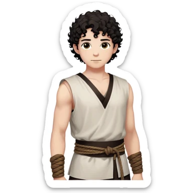 medieval summer outfit worn by a DnD themed fantasy male character. basic sleeveless cotton tunic with a V-shaped neckline and a thin rope belt. clothes only above the waist. The clothes full waist. The character's haven't arms. character is white-skinned, black hair, brown eyes, short curly hair. sticker