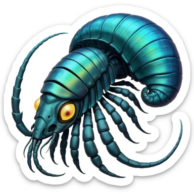 An iridescent, chitinous trilobite with glowing cyan eyes pulses rhythmically as a miniature black hole orbits its brow, distorting space-time. Its fractal-patterned exoskeleton shifts colors unsettlingly, and its mouth opens into a spiraling void that hums with forgotten whispers. sticker