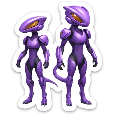 A purple Reptile-Raptor-Genesect-Mewtwo-Fakémon, with a futuristic visor-helmet, wearing a techwear-suit, Full Body sticker