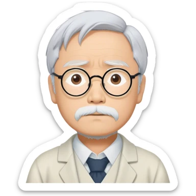 Cinematic Realistic Hayao Miyazaki Portrait Emoji, depicted as a visionary filmmaker with a gentle imaginative expression and artistic flair, rendered with delicate textures and soft enchanting lighting that captures his legendary storytelling. sticker
