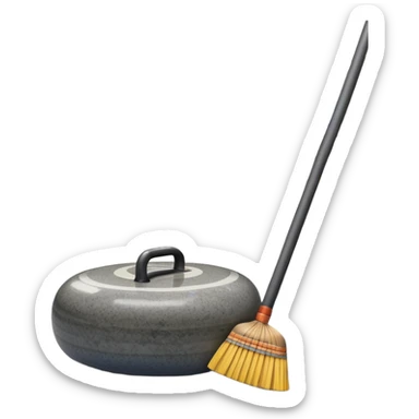An icon showing a detailed close-up of a curling stone sliding across the ice, with a broom in motion beside it. The background features an indoor stadium with cheering spectators on the stands. Transparent background captures the strategy and focus of curling. sticker