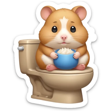 Cute chubby cartoon-style hamster sitting on toilet pooping looking guilty with thought bubble thinking about chilli  sticker