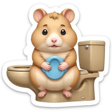 Cute chubby cartoon-style hamster sitting on toilet pooping looking as if he had an accident sticker