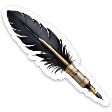 Create a delicate, artistic emoji representing poetry. The design should include a black fountain pen or quill with ink flowing gently onto a piece of parchment or scroll. Add soft, flowing lines to represent the fluidity of verse and creativity. Include elements like a small ink bottle or a feather in the background, and subtle accents of gold or silver to evoke elegance and inspiration. The overall design should feel light, romantic, and whimsical. Make the background transparent. sticker