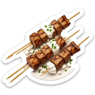 Souvlaki Cinematic Realistic Souvlaki Dish Emoji, depicted as skewered, grilled meat served with a side of crumbled feta cheese, rendered with rich textures and dynamic, appetizing lighting. sticker