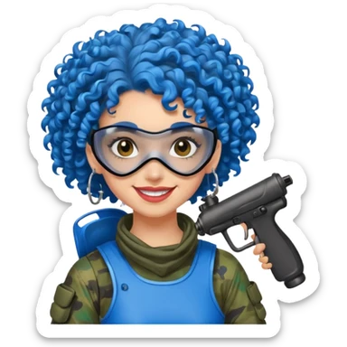 blue curly haired paintball player girl with huge earrings, wearing paintball mask sticker